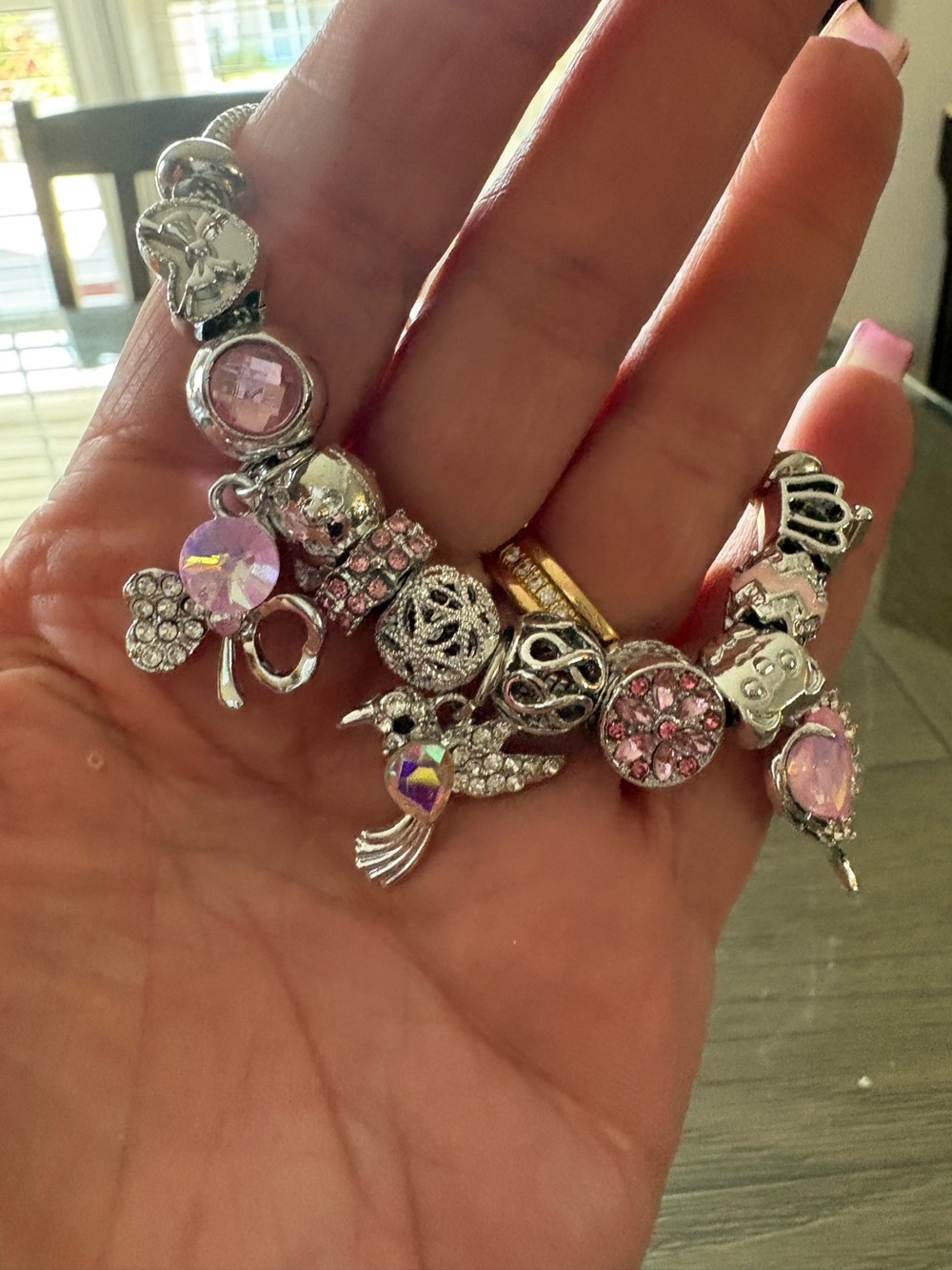 Bracelets-  Silver Tone Pink Alloy stainless Steel  Charm Bangle Bracelet, Charm